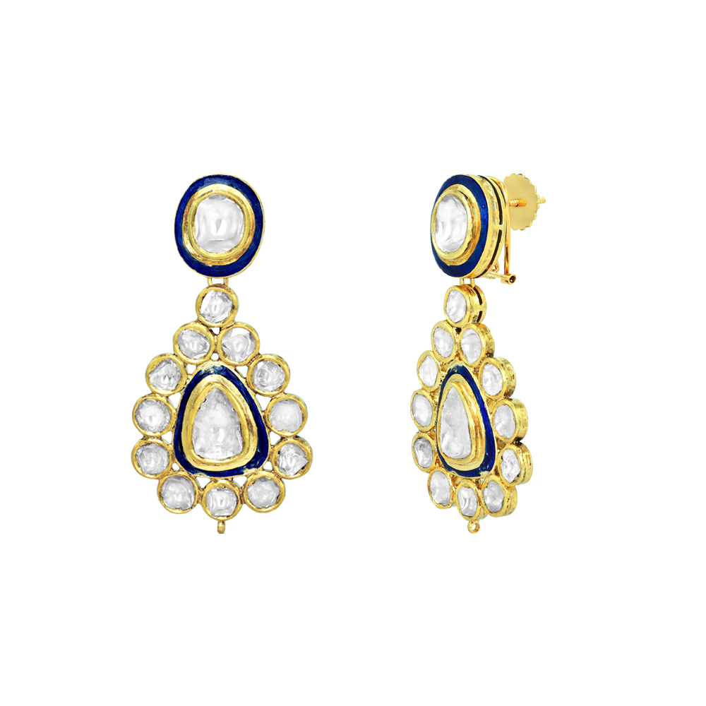 Polki Necklace Set with Blue Enamel and Matching Drop Earrings